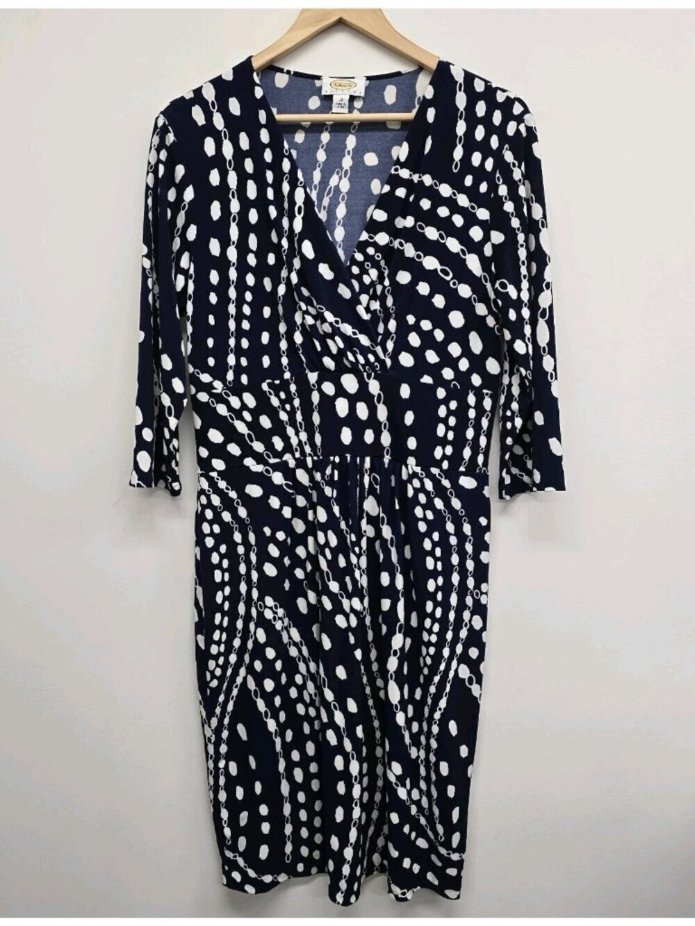 VTG Talbots Petites Faux Wrap Dress Size 12P Stretch Jersey Knit Chain Link Dots